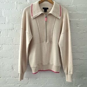 Cynthia Rowley Active Cream Textured Knit Sweater Quarter Zip Pink Trim Preppy